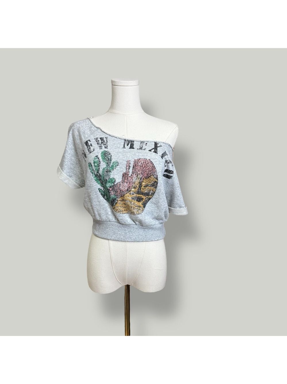 Garage Top Women Size Small Gray Off-shoulder Printed Blouse Cropped Shortsleeve